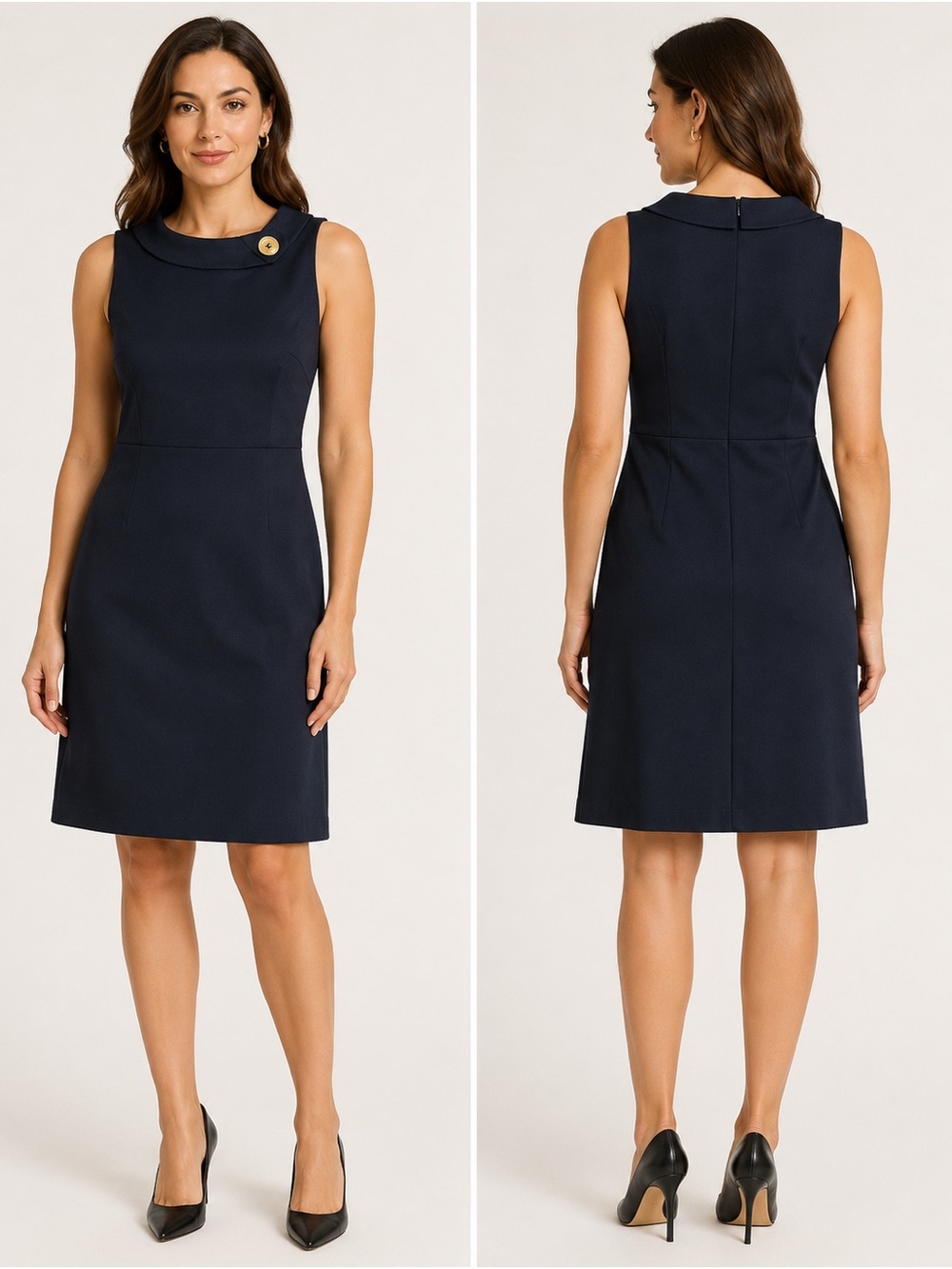 Michael Kors Navy Sleeveless Sheath Dress with Gold Button